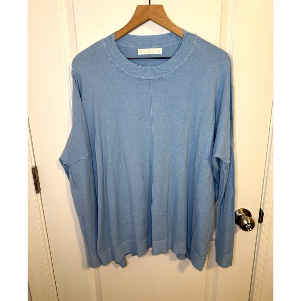 Karlie Women's M Blue Knit Crew Neck Pullover Sweater Ribbed Trim Cashmere Blend